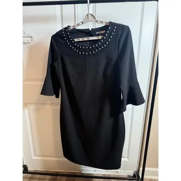 Karl Lagerfeld Paris Black Pearl Embellished Dress Bell Sleeve Women’s Size 14 - Picture 6 of 15